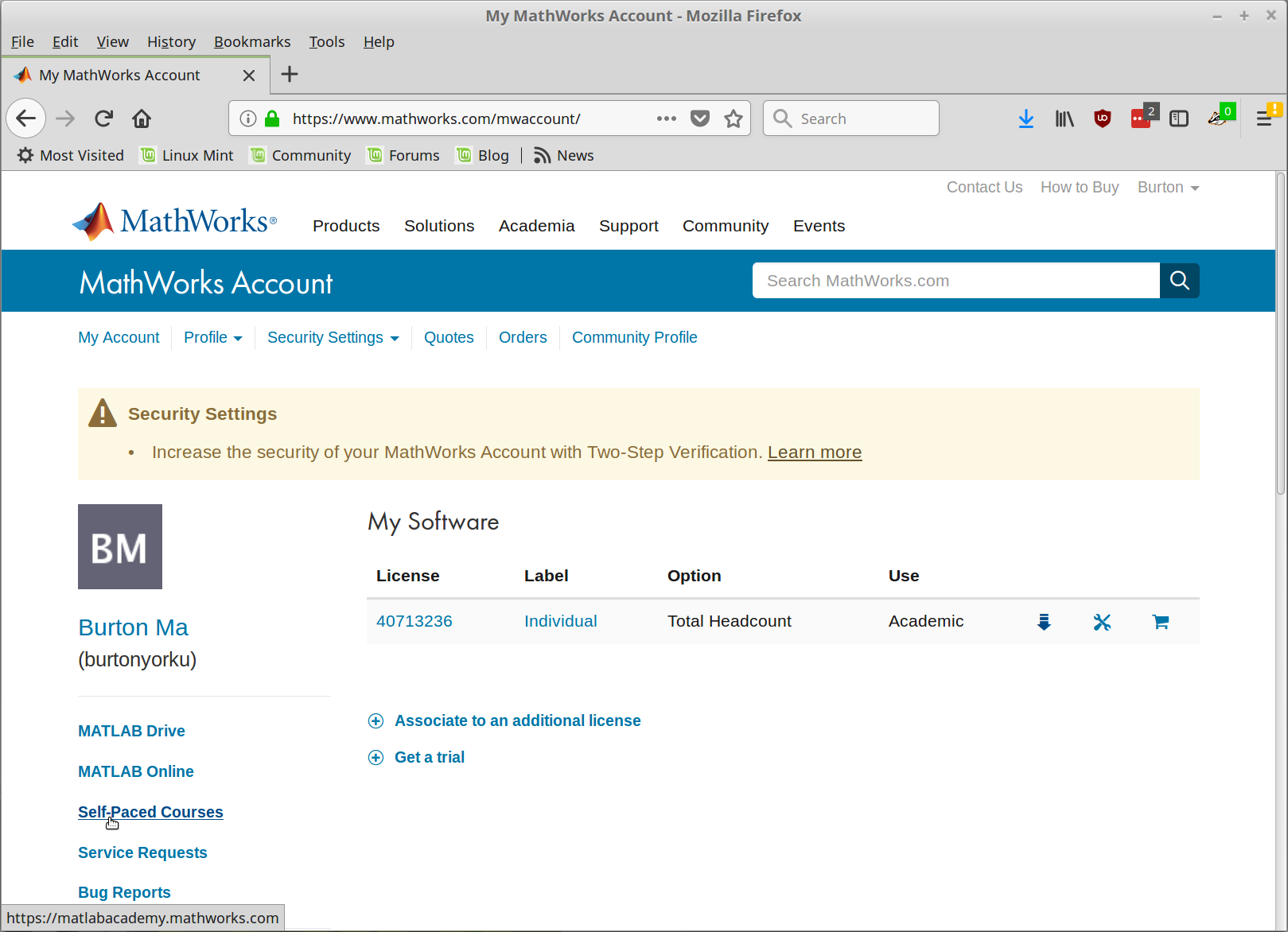 Example of My MathWorks Account web page